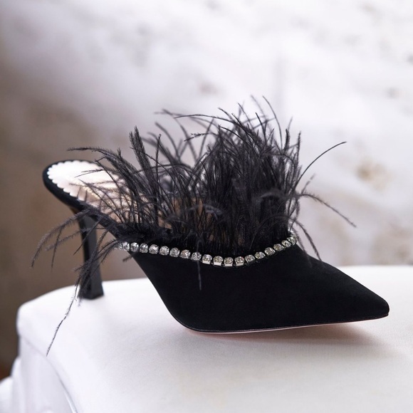 Antonio Melani x Nicola Bathie Liz Ostrich Feathers Rhinestone Suede Dress Mules